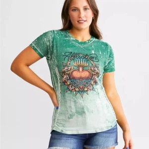 Affliction Black Label Eternal Oil Rhinestone Top Large Green Grunge Braided - Picture 1 of 10