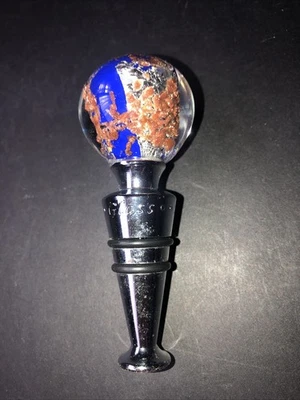 Tapón de vino soplado a mano de cristal de Murano Italia azul cobalto, plata, oro, óxido Foto 1 de 4
