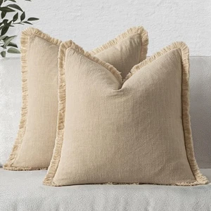 Copricuscini Decorativi in Lino Neutro con Frange Set di 2 Be... - Foto 1 di 6