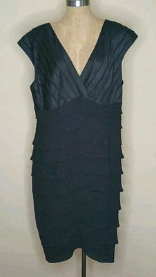 Adriana Papell Cocktail Dress Womens 18W Black Shutter Pleat Chiffon Cap Sleeve - Image 1 of 4