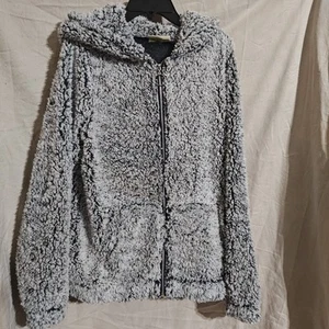 Bobbie Brooks Womens Sz M Sherpa Jacket with hood Gray Full Zip Deep Pile Plush - Picture 1 of 7