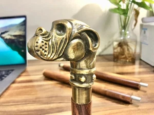 37-Inch Wooden Walking Stick with Brass Dog Bull Handle - Unisex Mobility Cane f - Picture 1 of 9
