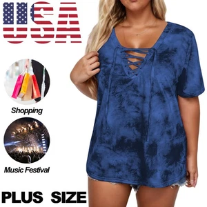 Women's Casual Lightweight Loose Top V-neck Lace Up T-shirt Plus Size Shopping - Picture 1 of 15
