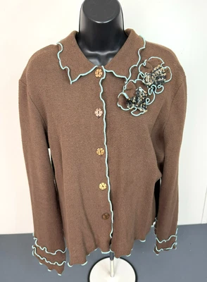 Cárdigan para mujer Chalet azul claro festoneado con apliques florales marrón L Foto 1 de 4