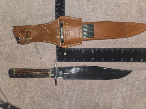 Rare Edge Mark model 068 German Bowie Knife Stag Handle w/Leather ...