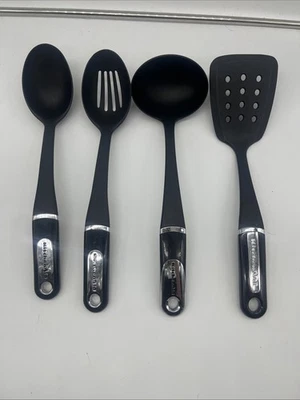 Lot 4 KitchenAid Serving Utensils Black Nylon Slotted Spoon, Spoon Ladle Spatula - Image 1 of 4