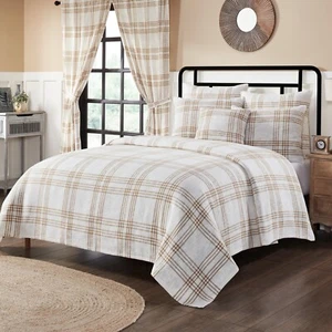 Wheat Plaid King Golden Tan White WovenCoverlet Country Cottage Farmhouse 97x110 - Picture 1 of 4