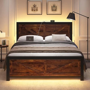 LED Bed Frame King Size with Charging Station, Rustic Brown Wood, Platform Bed - Picture 1 of 7