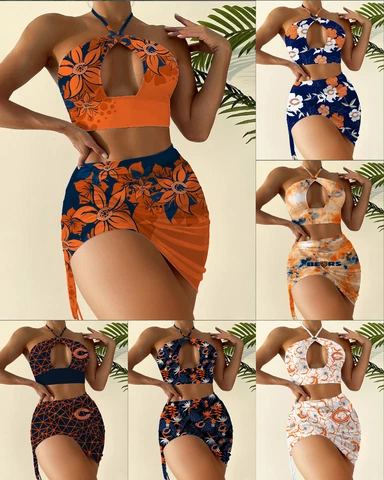 Chicago Bears Womens 2Pcs Cutout Swimsuit Criss Cross Halter Bikini Bathing Suit Cover