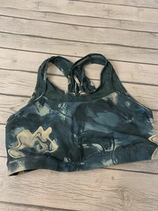 Fabletics Sports Bra Size Medium blue Impact Cross Cross Straps Green Swirl Mesh - Picture 1 of 12