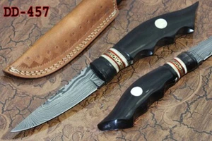 9 straight back blade skinning Knife, finger serrated horn scale, Leather sheath - Picture 1 of 9