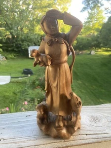 ARTISIAN HANDCARVED NUMBERED 2/60 ASIAN SHEPARD GIRL WITH 3 GOATS BEAUTIFUL 10+" - Picture 1 of 21