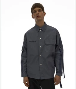 BRAND NEW MEN'S $500 HELMUT LANG STORM BLUE TAPE SHIRT W/LOGO SIZE XL SNAP-FRONT - Picture 1 of 5