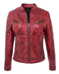 Biker Leather Jacket Womens Trendy Latest Designer Dirty Red Most Popular Coat - Picture 1 of 8