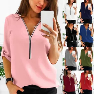 Women Long Sleeve V Neck Zipper Chiffon Shirt Casual Tops Basic Loose Blouse - Picture 1 of 19