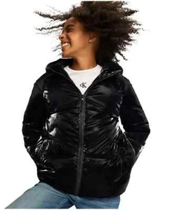 Calvin Klein Girls' Short Length Hooded Puffer Jacket, Liquid Shine Black, 4T - Picture 1 of 5