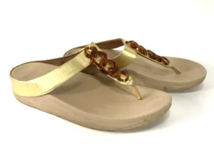 FitFlop Womens 9 Gold Sandals Fino Tortoise Chain Thong Slide Wedge Casual - Picture 1 of 11