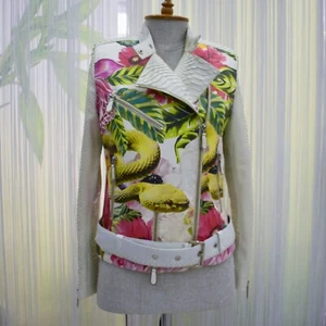 Women's Real Python Leather Trim Printed Genuine Lambskin White Biker Jacket - Picture 1 of 4