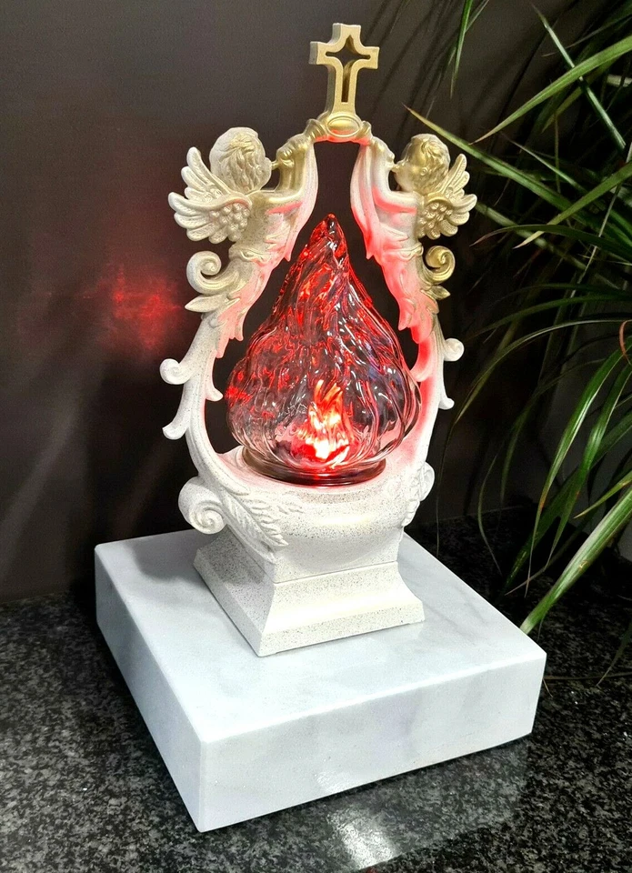 Grablaterne Sockel Grablampe Lampe Grableuchte Grablicht Weiß - Gold Engel Kerze - Bild 1 von 1