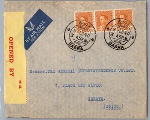 1940 Iraq Basrah Opened By Censor Air Mail Cover to Switzerland Geneve - Picture 1 of 1