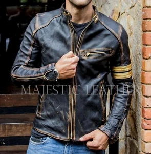 Men's Black Biker Vintage Motorcycle Distressed Cafe Racer Leather Jacket - Picture 1 of 6