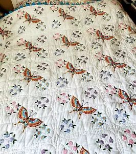 Manta Edredón 81" x 92" Bordada Flores Mariposas Azul Punto Pradera - Imagen 1 de 13
