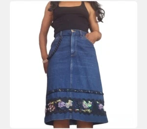 Vintage Wrangler Denim Womens High Waisted Blue Upcycled Denim Skirt M fits 6-9 - Picture 1 of 6