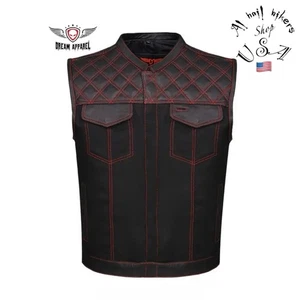 Dream Apparel Mens Black Denim & Genuine Leather Motorcycle Club Vest Red Thread - Picture 1 of 14