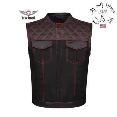 Dream Apparel Mens Black Denim & Genuine Leather Motorcycle Club Vest Red Thread - Image 1 of 4