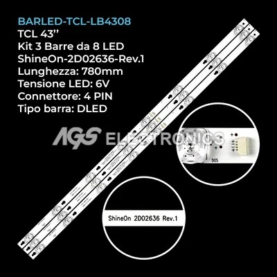 AGS KIT 3 BARRE STRIP LED TV TCL YHA-4C-LB4308-YH05J 43D2900 43DP608 U43P6046