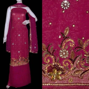 WINE GRGT INDIAN-PAKISTANI SALWAR KAMEEZ SUIT MATERIAL w KUNDAN WORK LADIES DEN - Picture 1 of 3