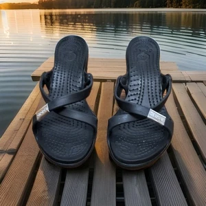 Crocs Cyprus Womens Size 6 Chunky High Heels Slip on Strappy Sandals Black - Picture 1 of 7