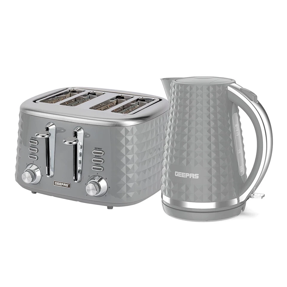 GEEPAS 2200W Textured 1.7L Electric Kettle & 4 Slice Bread Toaster Set- GREY - Image 1 of 1