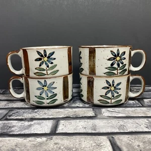 Vintage Otagiri Stoneware Japan SOUP Mugs Blue Flowers with Handles MCM Set Of 4 - Picture 1 of 13