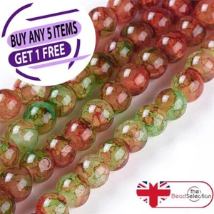 100 CRACKLE MARBLED DRAWBENCH ROUND GLASS BEADS 8mm RED GREEN XMAS CM2 - Picture 1 of 4