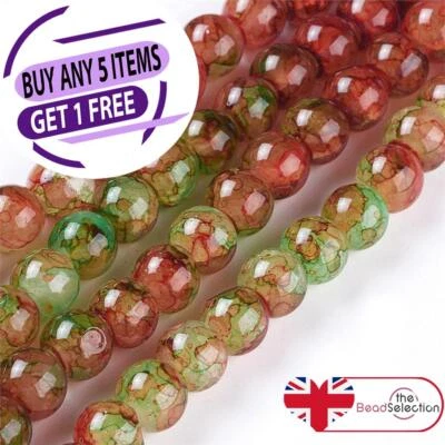 100 CRACKLE MARBLED DRAWBENCH ROUND GLASS BEADS 8mm RED GREEN XMAS CM2 - Image 1 of 4