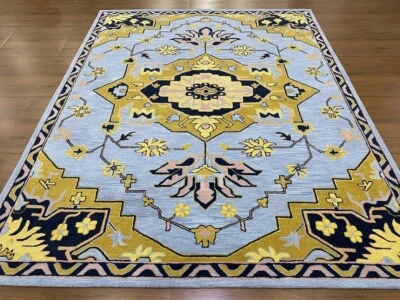 Alfombra Caro dorada y azul moderna hecha a mano acolchada 100 % lana suave Foto 1 de 4