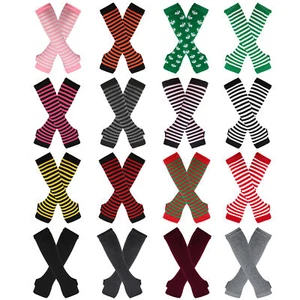 3/4/16pairs Women Long Fingerless Striped Arm Gloves Elbow Sleeve Warm Mittens - Picture 1 of 35