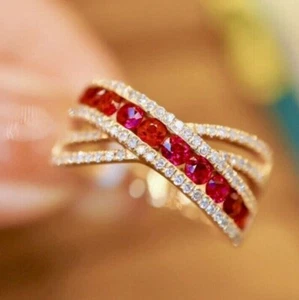 Round Cut Simulated Red Ruby Engagement Wedding Band Ring 14k Yellow Gold Plated - Picture 1 of 7