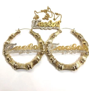 Personalized Bamboo Earrings And 3D Name Necklace Set/ 3 inch - Picture 1 of 3