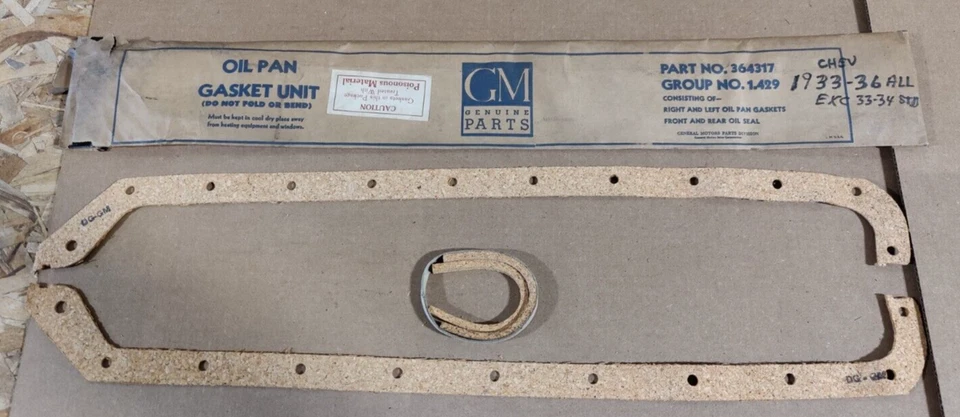 NOS OEM 1933-36 Chevy 206 6 cylinder CORK oil pan gasket set GM 364317 - Image 1 of 1