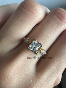 Asscher Cut Real Moissanite Three Stone Engagement Ring Anniversary Gift For Her - Picture 1 of 14