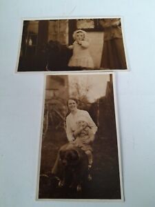 Two Early Postcards Girl with Push Along Steiff ? Bear