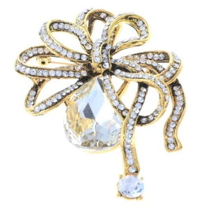 Antique Gold Tone Metal Crystal Bow Brooch P1143-GCL - Picture 1 of 2