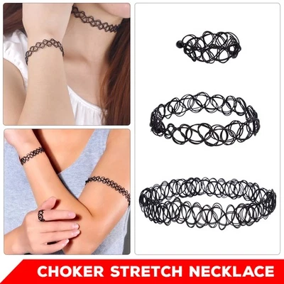 Set Girocollo Tatuaggio Nero Elasticizzato Collana Bracciale Anello Vintage Misura Tutte - Immagine 1 di 4