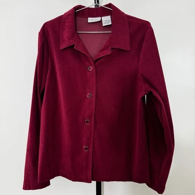 Top Jaclyn Smith Clásico Botón Frontal Mujer’s XL Borgoña Rojo Manga Larga Terciopelo Foto 1 de 4