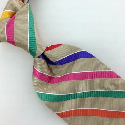 Corbata de seda Paul Stuart Italia dorada roja rosa verde rayas de lujo # Foto 1 de 4