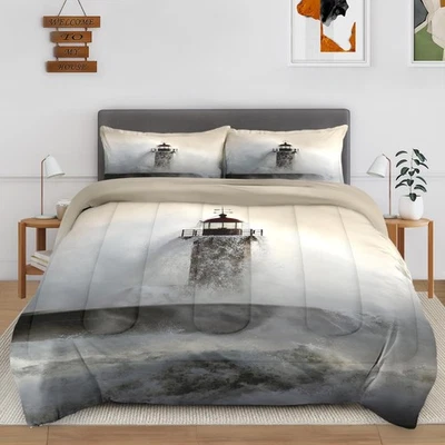 3Pcs Queen Size Comforter Set, Old Nautical Ocean Stormy Lighthouse, Bedding ... - Image 1 of 4