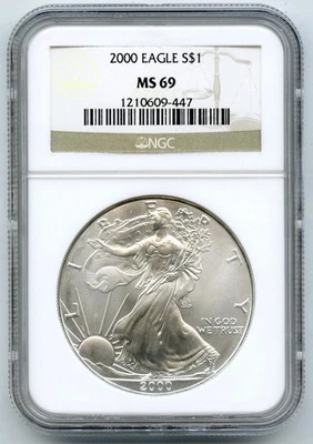 2000 American Eagle 1 Oncia Argento Dollaro NGC MS69 Certificato Lingotto - P606 - Immagine 1 di 2