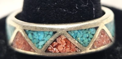 .925 STERLING SILVER  TURQUOISE & CORAL GEOMETRIC DIAMONDS RING SIZE 9.25 - Image 1 of 4